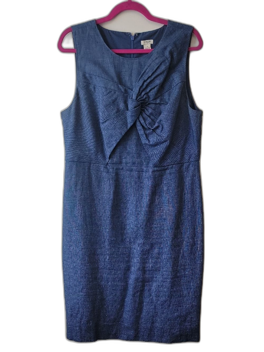 J. Crew Blue Linen Blend Sleeveless Midi Dress Front Knot Detail Coastal Boho